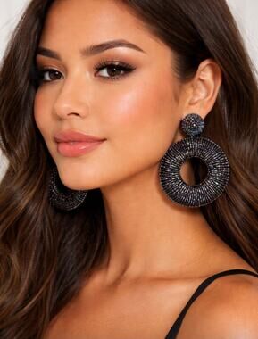 Kay Lee Black Iridescent Circle Earrings New